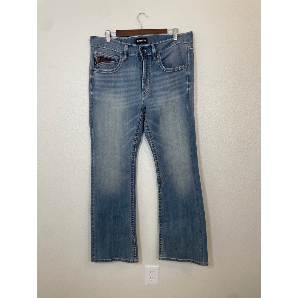 Rank 45 Jeans Mens 35x32 Blue Excellent Bootcut Thick Stitch Western‎ Denim
